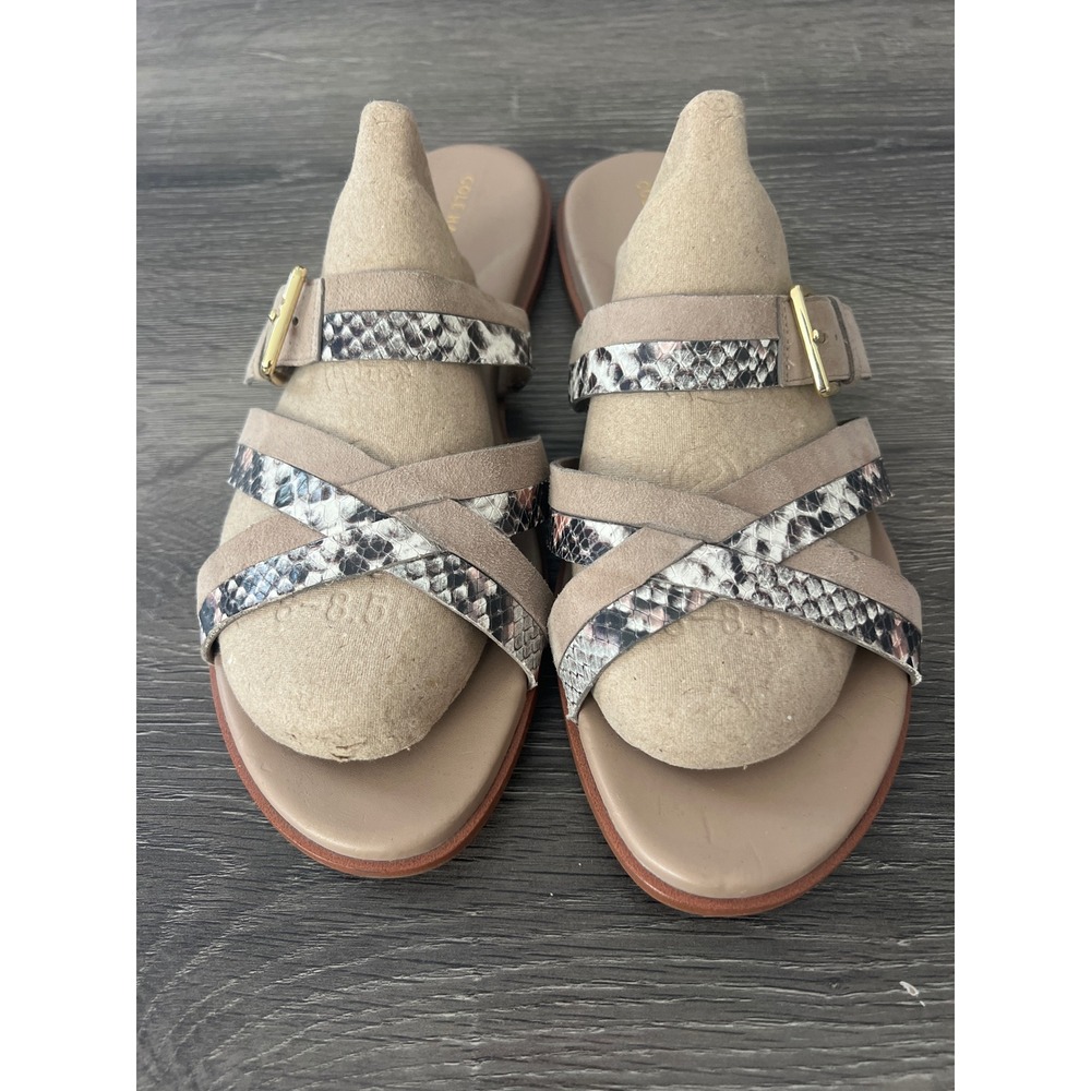 Cole Haan Women's Tan Suede Snakeskin Strappy Buckle Flat Slide Sandals 10.5 B
